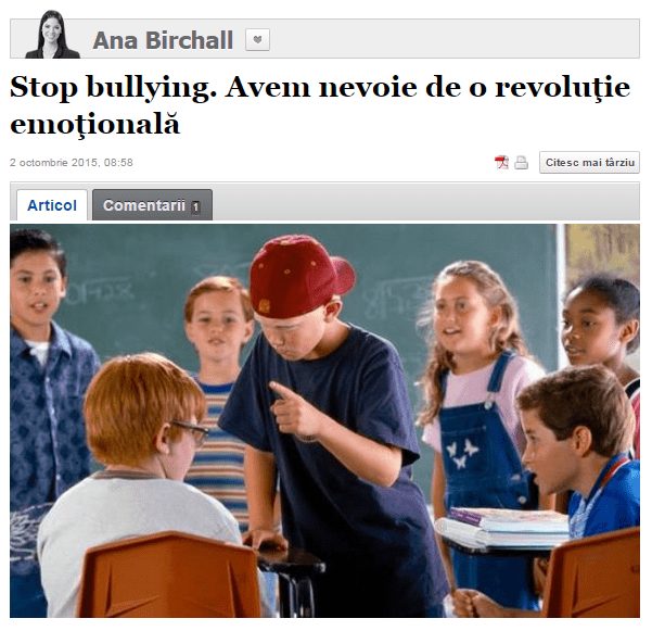 Articol Adevarul.ro: Stop bullying. Avem nevoie de o revoluţie emoţională