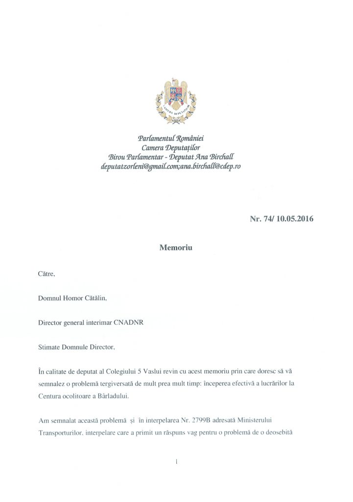 Am solicitat un răspuns direct, explicit și concret din partea CNADNR în legătură cu centura ocolitoare a municipiului Bârlad