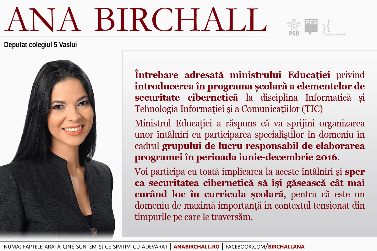 Întrebare privind introducerea în programa şcolară a elementelor de securitate cibernetică